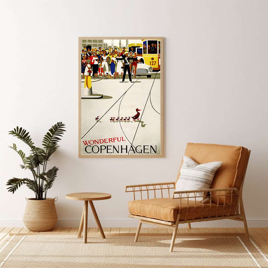 Wonderful Copenhagen vintage travel poster by Viggo Vagnby featuring a Danish policeman stopping traffic for ducklings – Travel Posters Australia