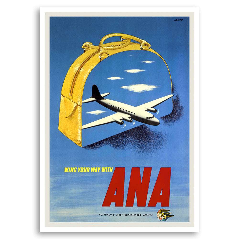 Vintage aviation poster titled "Wing Your Way with Australian National Airways" featuring classic aircraft artwork – Travel Posters Australia