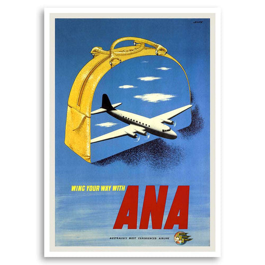 Vintage aviation poster titled "Wing Your Way with Australian National Airways" featuring classic aircraft artwork – Travel Posters Australia