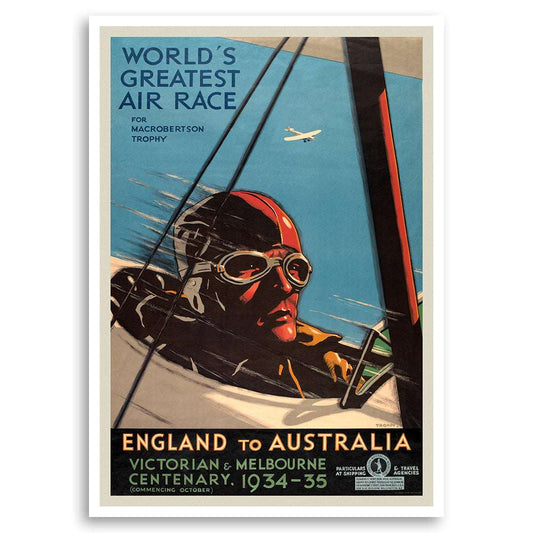 1934 vintage poster of the World's Greatest Air Race from England to Australia by Percy Trompf – Travel Posters Australia